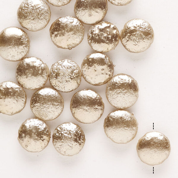 Bead, glass pearl, pkg/20, opaque light sand, 10mm textured puffed flat round. image number 0