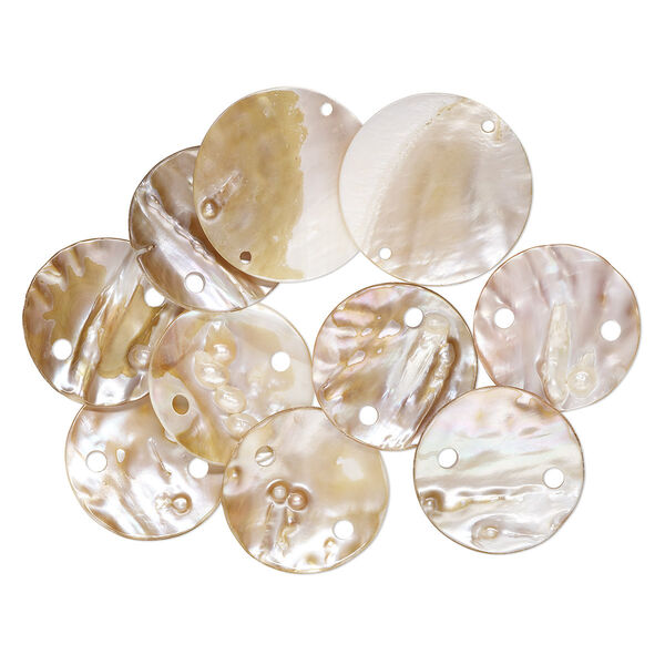 Focal, blister pearl shell (natural / bleached), 45-51mm round with 2 holes, Mohs hardness 3-1/2. Sold per pkg of 10. image number 0
