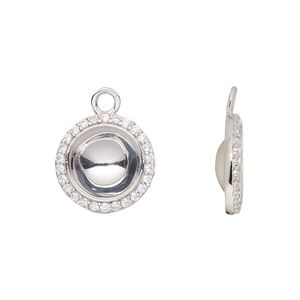 Drop, Almost Instant Jewelry®, rhodium-plated sterling silver and cubic zirconia, clear, 15mm round with SS47 rivoli glue-in setting. Sold individually.