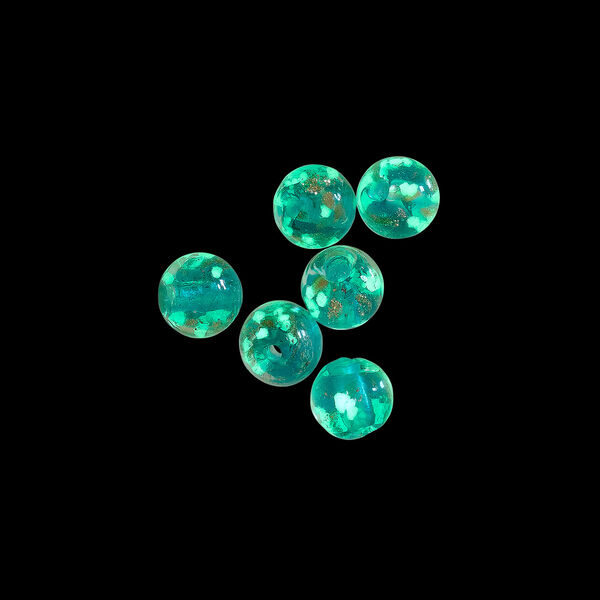 Bead, lampworked glass, clear / teal / glow-in-the-dark / gold, 6mm round. Sold per pkg of 6. image number 1
