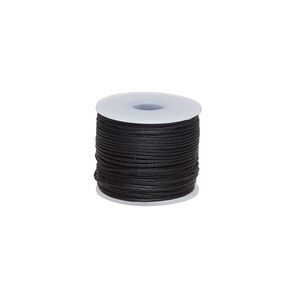 Cord, waxed cotton, black, 1mm, 20-pound test. Sold per 25-meter spool.