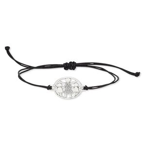 Bracelet, waxed cotton cord and antiqued sterling silver, black, 20mm round with mother and children cutout, adjustable from 6 to 8-1/2 inches with macramé knot closure. Sold individually.