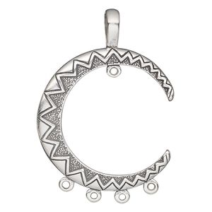 Charm, antiqued sterling silver, 43x32mm single-sided moon with zigzag design and 5 loops. Sold individually.