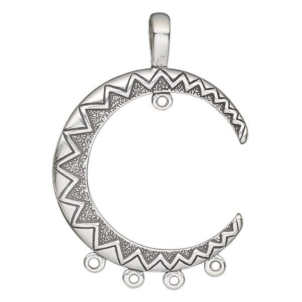 Charm, antiqued sterling silver, 43x32mm single-sided moon with zigzag design and 5 loops. Sold individually. image number 0