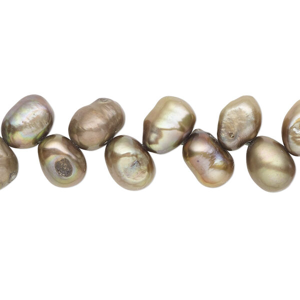 Pearl, cultured freshwater (dyed), brass, 8x6mm-10x7mm herringbone-drilled flat-sided rice with 0.4-0.6mm hole, D grade, Mohs hardness 2-1/2 to 4. Sold per 14-inch strand. image number 0