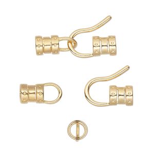 Clasp hook&eye 1pkg4 gold-plated, 22.5x12mm / crimp end / fits up to 3.7mm cord, brass 1-strand
