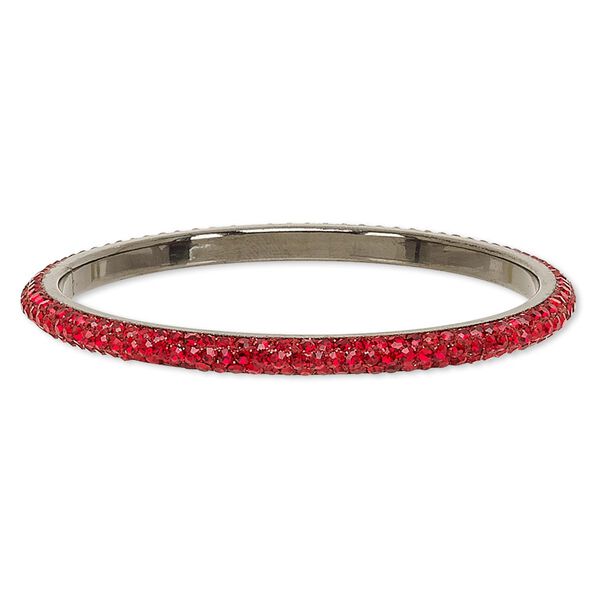 Bracelet, bangle, epoxy / Preciosa glass rhinestone / gunmetal-plated brass, black and light red, 6mm wide, 8-1/2 inches. Sold individually. image number 0