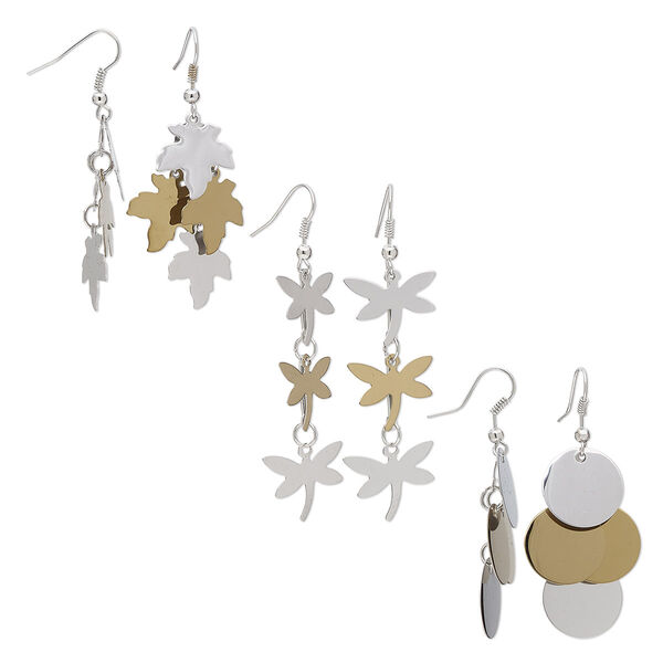 Earring mix, stainless steel / gold-finished steel / silver-plated brass / steel / stainless steel, mixed two-tones, 2 to 2-3/4 inch mixed shapes with fishhook ear wire. Sold per pkg of 3 pairs. image number 0