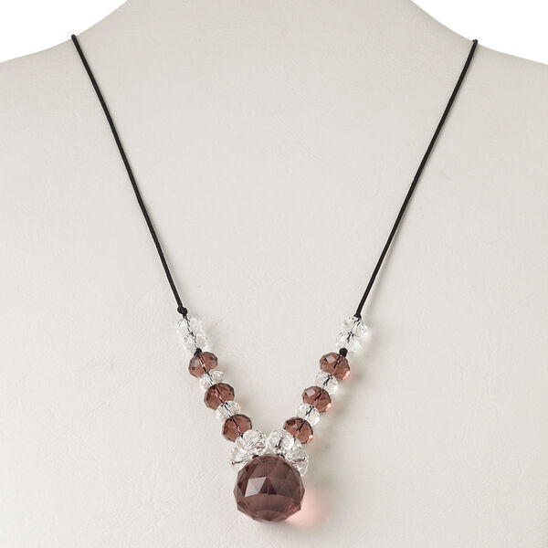 Necklace, silver-finished steel / nylon cord / glass, black / clear / purple, 22x21mm faceted teardrop, 20 inches with 2-inch extender chain and lobster claw clasp. Sold individually. image number 0