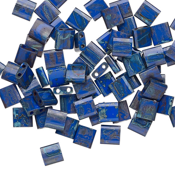 Seed bead, TILA®, glass, pkg/10g, 5mm full tila square, opaque Picasso cobalt blue, (TL-4518). image number 0