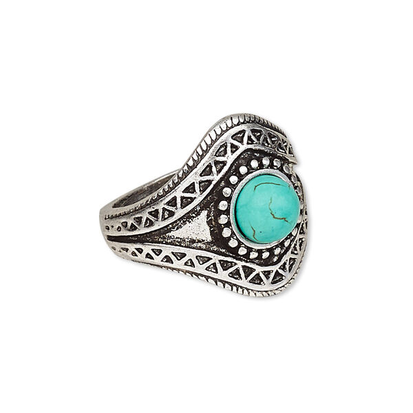 Ring, magnesite (dyed / stabilized) and antique silver-plated "pewter" (zinc-based alloy), blue, 22mm wide with round, size 8. Sold individually. image number 0