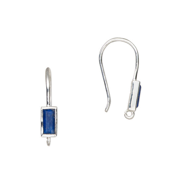 Ear wire, sterling silver and lapis lazuli (natural), 16mm fishhook with 7x4mm hand-cut rectangle and open loop, 20 gauge. Sold per pair. image number 0