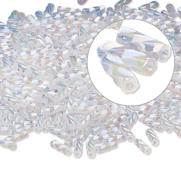 Bugle bead, Dyna-Mites™, glass, opaque ceylon rainbow white, 6mm twisted. Sold per 50-gram pkg. image number 0