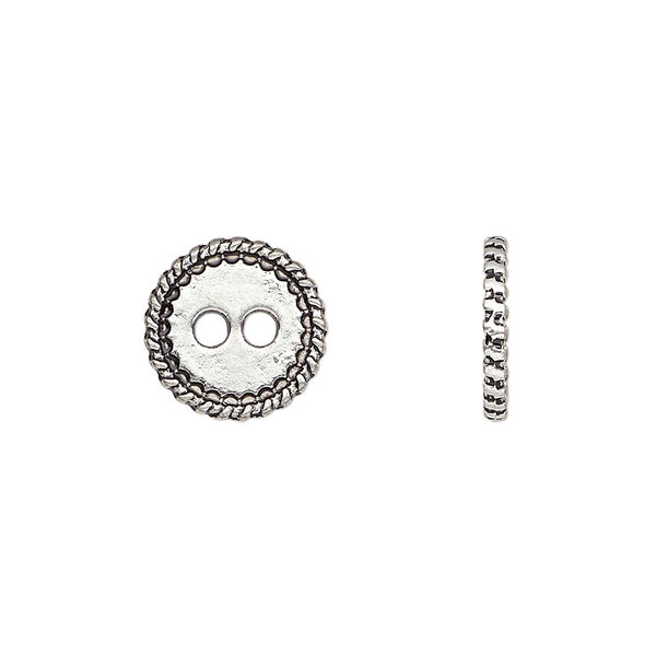 Button, antique silver-plated "pewter" (zinc-based alloy), 12.5mm double-sided flat round with rope edge. Sold per pkg of 50. image number 0