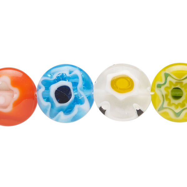 Bead, millefiori glass, opaque and translucent multicolored, 13-14mm puffed flat round. Sold per 14-inch strand. image number 0