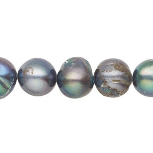 Freshwater pearl 1pkg1, semi-round, 15 inch silver peacock 10-13mm cultured