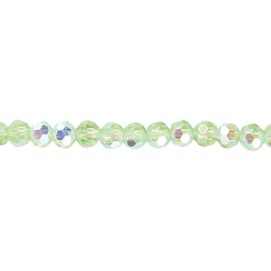 Bead 1pk 32 facets translucent lime green AB, Celestial Crystal® 4mm round 15.5-16 inch