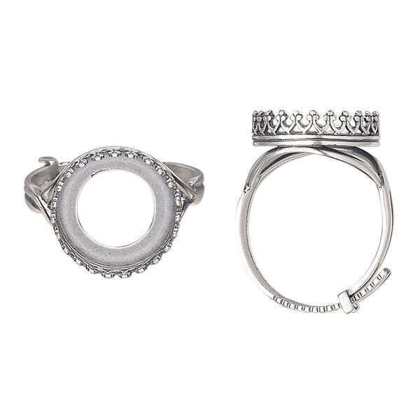 Ring, JBB Findings, antique silver-plated brass, 16mm wide with decorative trim and 14mm round bezel setting, adjustable from size 8-11. Sold individually. image number 0