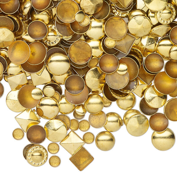 Rhinestud mix, gold-finished brass, 3-6mm hotfix domed mixed shapes. Sold per 50-gram pkg. image number 0