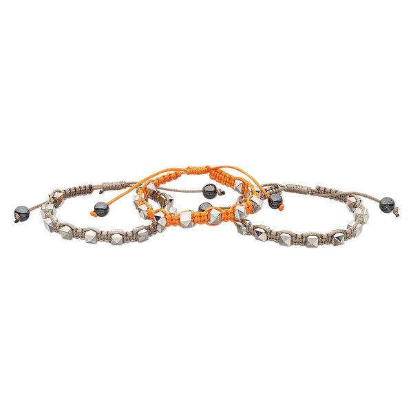 Bracelet,  Hemalyke™ (man-made) / nylon / silver-coated acrylic, orange and brown, 8mm wide with 8mm faceted cube, adjustable from 6 to 8-1/2 inches with wrapped knot closure. Sold per pkg of 3. image number 0