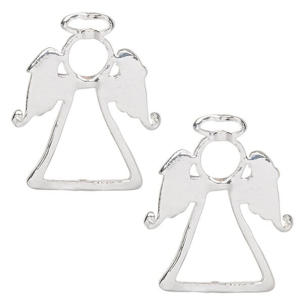 Bead frame, silver-finished "pewter" (zinc-based alloy), 28x23.5mm angel with halo, fits up to 1mm / 6mm / 9mm beads. Sold per pkg of 2. image number 0