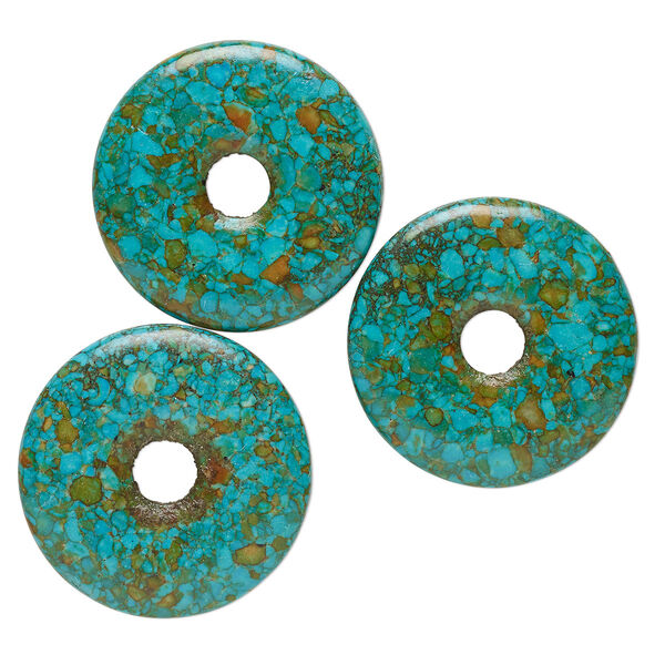 Component, mosaic "turquoise" (magnesite) (dyed / assembled), blue / green / brown, 45mm donut, C- grade, Mohs hardness 3-1/2 to 4. Sold per pkg of 3. image number 0