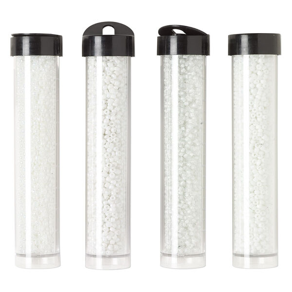 Seed bead assortment, Ming Tree™, glass, pkg/(4) 4 x 3/4 inch vials, #11 round, opaque and transparent ceylon luster white. image number 0