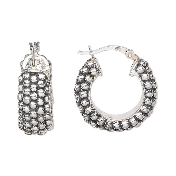 Earring, antiqued sterling silver, electroformed, 22mm beaded round hoop with latch-back closure. Sold per pair. image number 0