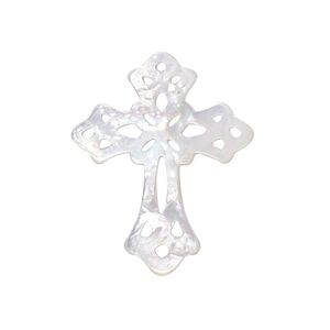 Focal, gold lip shell (natural), 30x24mm hand-cut double-sided cross, Mohs hardness 3-1/2. Sold individually.