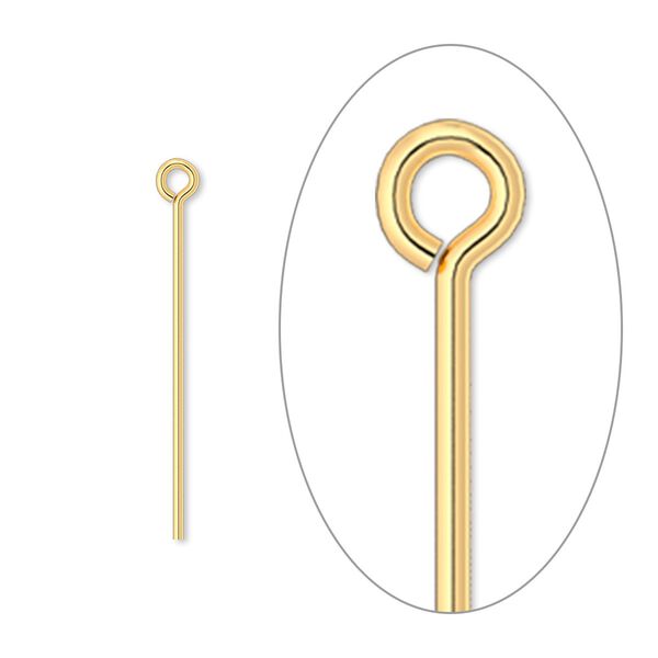Eye pin, gold-plated brass, 1 inch, 21 gauge. Sold per pkg of 100. image number 0