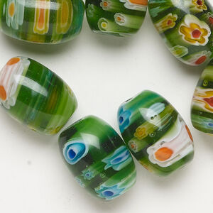 Millefiori glass 1pkg2oz, barrel bead translucent multicolored 17x12mm-18x13mm