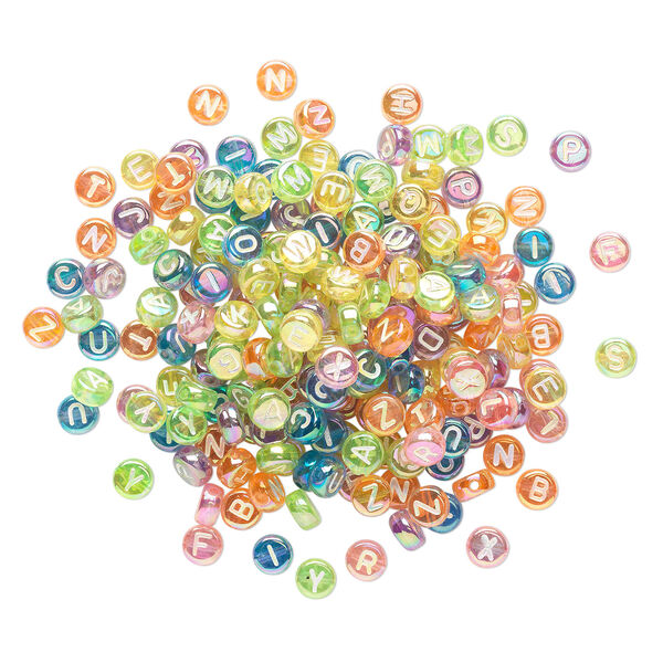 Bead mix 1pkg200, acrylic, translucent mixed rainbow colors AB, 7mm double-sided flat round with alphabet letters. image number 1