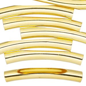 Bead, gold-finished brass, 40x6mm curved tube with cutout long oval. Sold per pkg of 10.