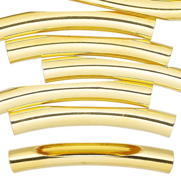Bead, gold-finished brass, 40x6mm curved tube with cutout long oval. Sold per pkg of 10. image number 0