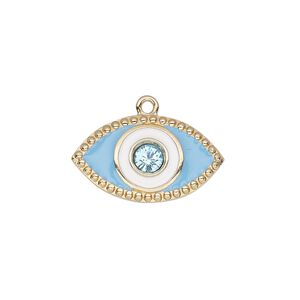 Charm, enamel / glass rhinestone / gold-finished "pewter" (zinc-based alloy), white and turquoise blue, 22x13mm single-sided eye. Sold individually.