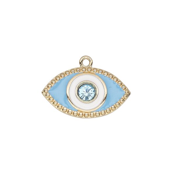 Charm, enamel / glass rhinestone / gold-finished "pewter" (zinc-based alloy), white and turquoise blue, 22x13mm single-sided eye. Sold individually. image number 0