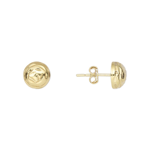 Earstud, gold-finished sterling silver, 8mm diamond-cut half-ball with post. Sold per pair. image number 0