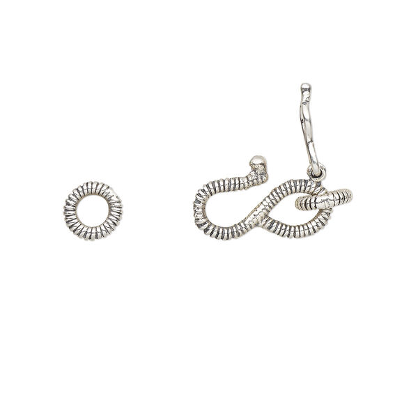 Clasp, S-hook, antiqued sterling silver, 12x7mm with coil design and safety latch with (2) 5mm closed jump rings. Sold individually. image number 0