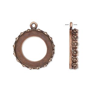 Drop, JBB Findings, antique copper-plated brass, 20mm round with open back and flower design trim, 18mm round bezel setting. Sold per pkg of 2.