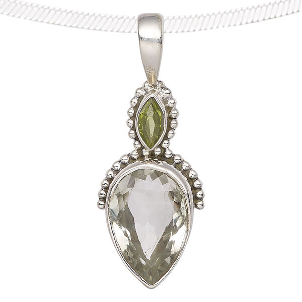 Pendant, peridot (natural) / green quartz (heated) / antiqued sterling silver, 42x16mm with beaded marquise and teardrop. Sold individually. image number 0