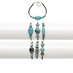 Magnesite / steel / ccb plastic 1pkg3, silver-finished bracelet mix 7.5 inch / 2 inch extender chain / springring clasp / 11-16mm wide