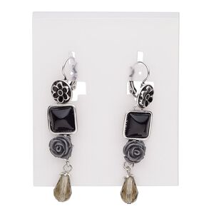 Earring, enamel / glass / resin / antique silver-plated brass / steel / "pewter" (zinc-based alloy), grey / smoky grey / black, 2-1/2 inches with round and square with leverback ear wire. Sold per pair.