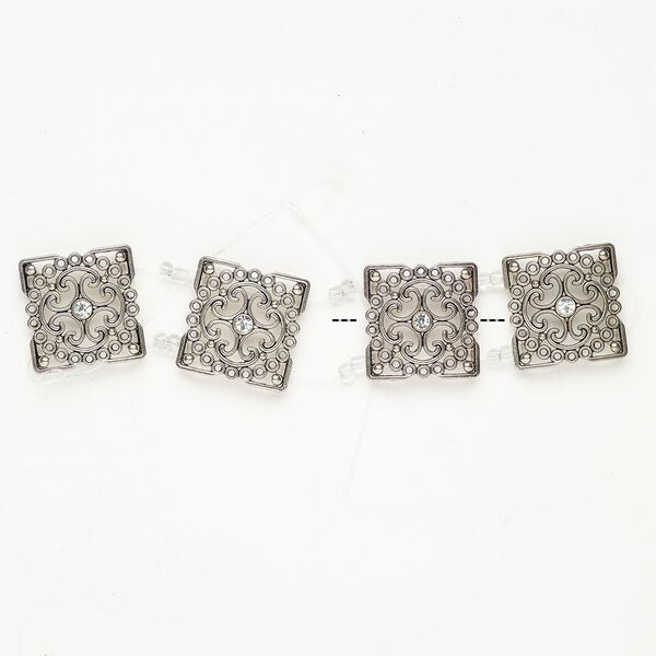 Bead spacer 1pkg4 brass / glass rhinestone, 27-28mm 2-strand fancy square / hidden loop fits up to 18.5mm beads, antique silver finish / clear image number 0