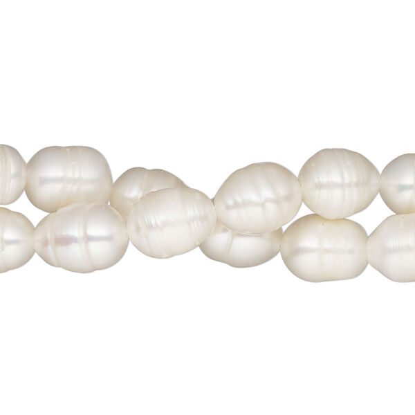 Pearl, cultured freshwater (bleached), white, 7-8mm rice, D grade, Mohs hardness 2-1/2 to 4. Sold per pkg of (2) 15" to 16" strands. image number 0