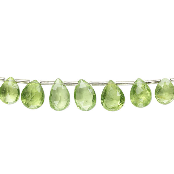 Bead, peridot (natural), 5x3mm-8x4mm graduated hand-cut top-drilled faceted puffed teardrop, B grade, Mohs hardness 6-1/2 to 7. Sold per 4-inch strand, approximately 15 beads. image number 0