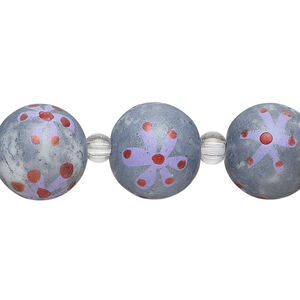 Bead, glass 1pkg8, purple / white / red, 14mm round with hand-painted flower.
