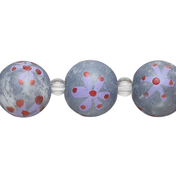 Bead, glass 1pkg8, purple / white / red, 14mm round with hand-painted flower. image number 0