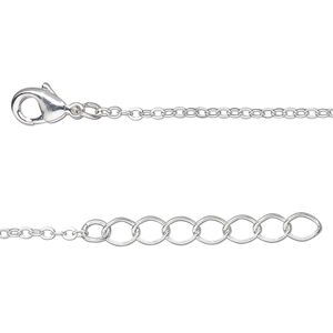 Chain, silver-finished brass, 1.5mm cable, 36 inches with 2-inch extender chain and lobster claw clasp. Sold per pkg of 2.