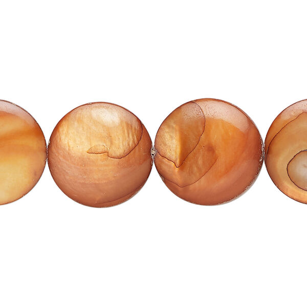 Mother-of-pearl shell 1pkg1, puffed flat round bead 15 inch burnt orange 14-15mm image number 0