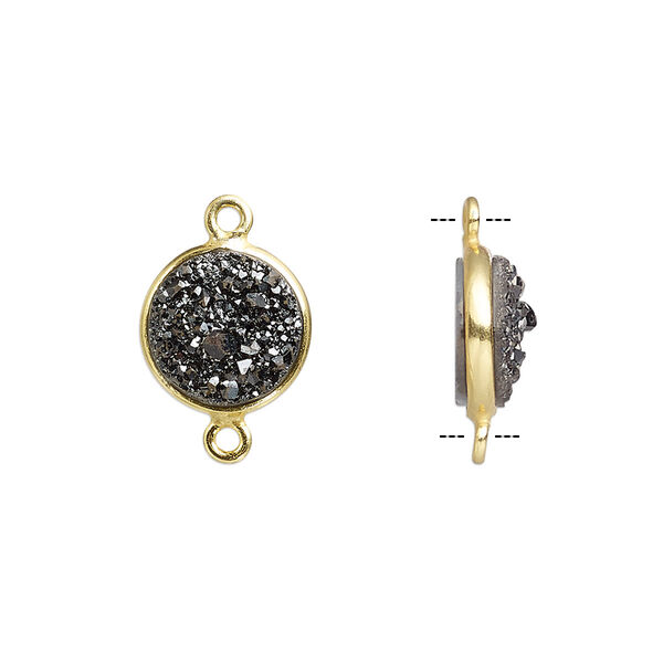 Link, titanium- / electro-coated druzy agate (coated) / gold-finished sterling silver, black, 11mm hand-cut single-sided flat round. Sold individually. image number 0